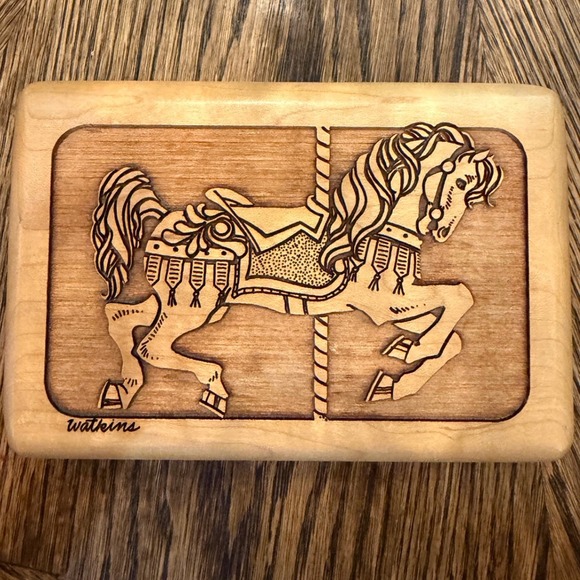 Las-Art Other - Las-Art Handcrafted Hardwood Carousel Horse Trinket Box Blue Velvet Lining 2pc